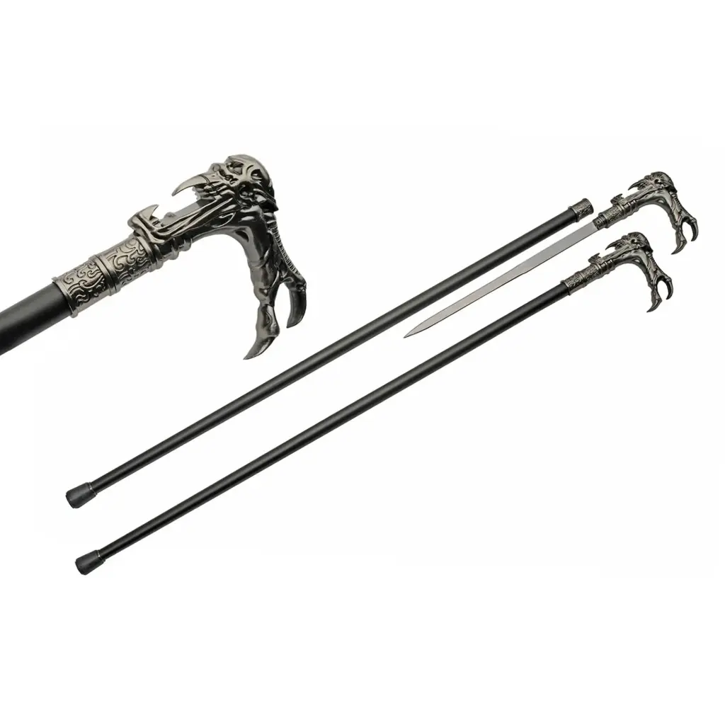 Alien Maw Sculpted Handle Sword Cane - Antique Silver & Matte Black