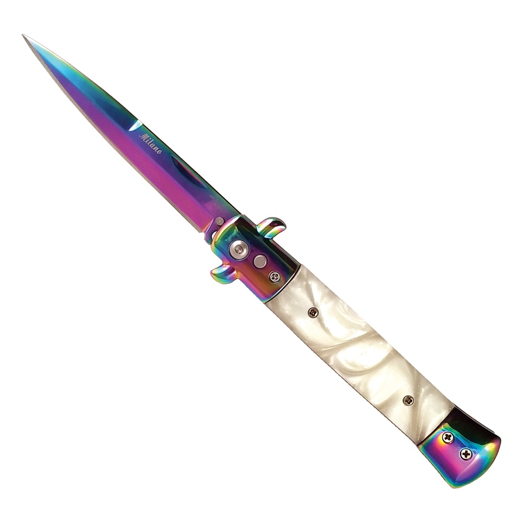 Marble Mirage Push-Button Stiletto Switchblade - Rainbow Steel