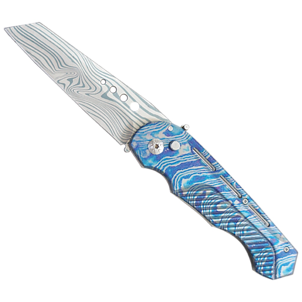 Azure Current Quick-Deploy Wharncliffe Automatic Knife - Damascus Etch Blue