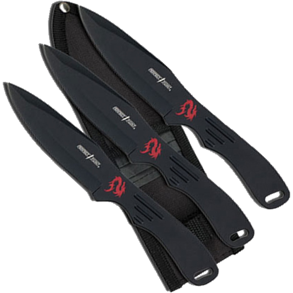 Crimson Dragon Triad Throwing Knife Set - Matte Black Steel