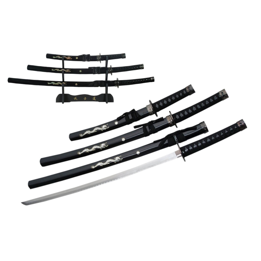 Black Pearl Dragon Triad Samurai Sword Set - Midnight Black