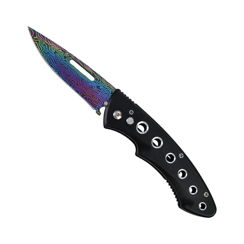 Prismatic Damascus Quick-Deploy Automatic Knife - Black Aluminum