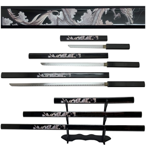 Black Dragon Triple Samurai Sword Set - Glossy Black
