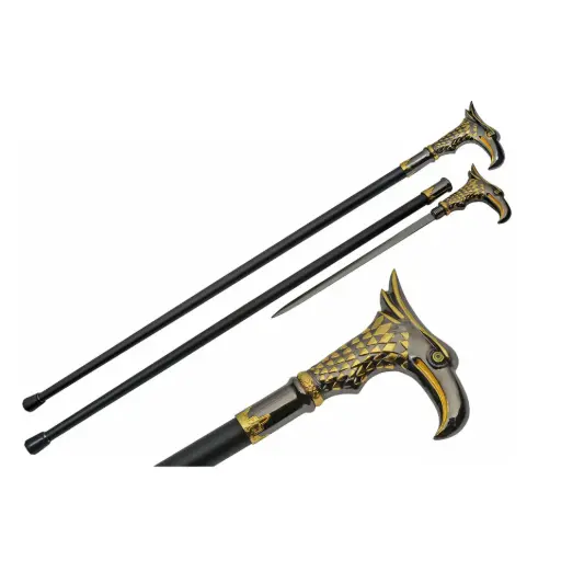 Regal Eagle Head Threaded-Lock Sword Cane - Gold & Silver