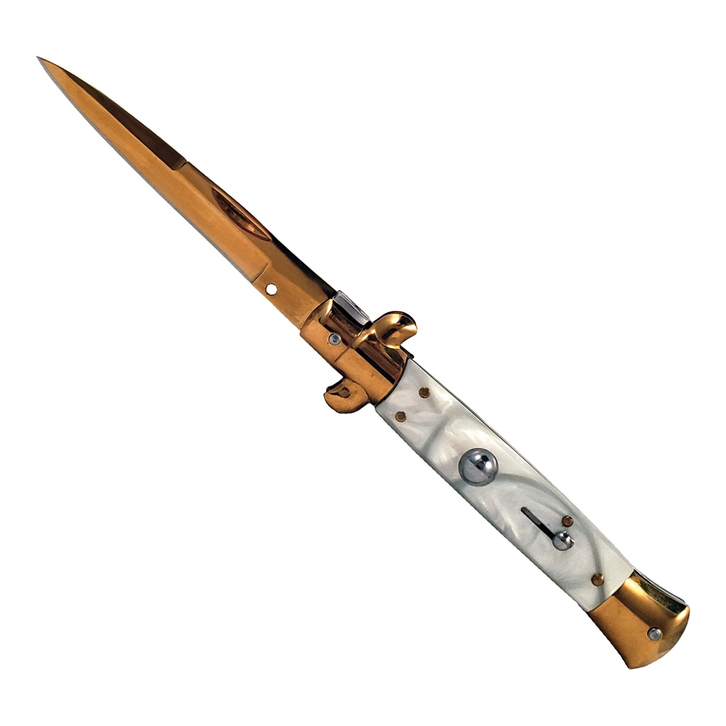 Cinema Royale Stiletto Automatic Knife - White Marble & Gold