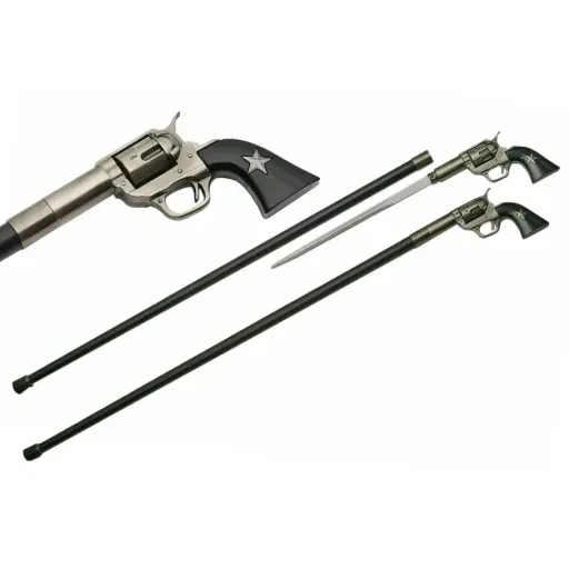 Revolver Star Gentleman Concealed Sword Cane - Black & Silver
