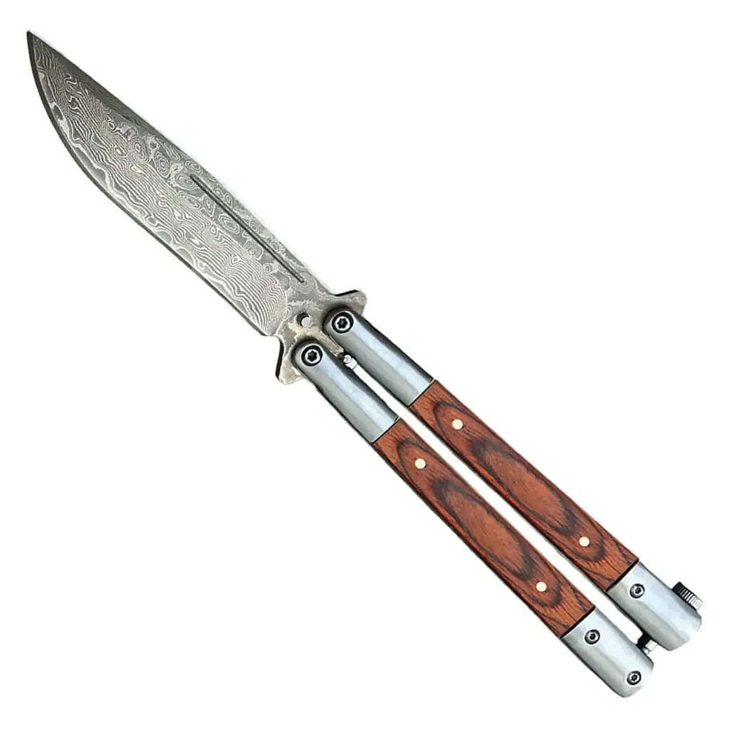 Legacy Grain Damascus Butterfly Knife - Wood Inlay