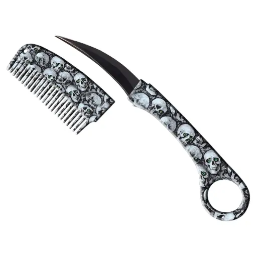 Green-Eyed Reaper Karambit Comb Knife - Black Skull