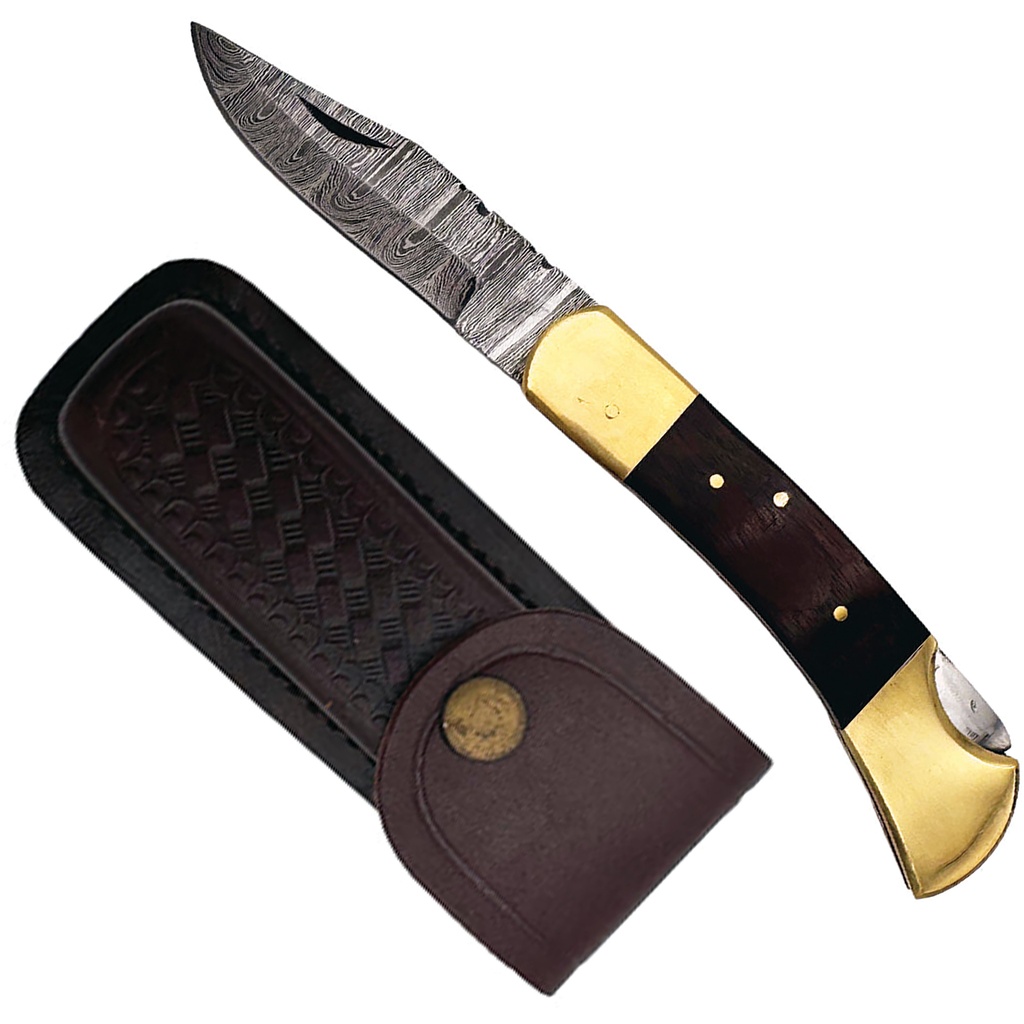 Heritage Ridge Damascus Folding Knife - Wood & Brass
